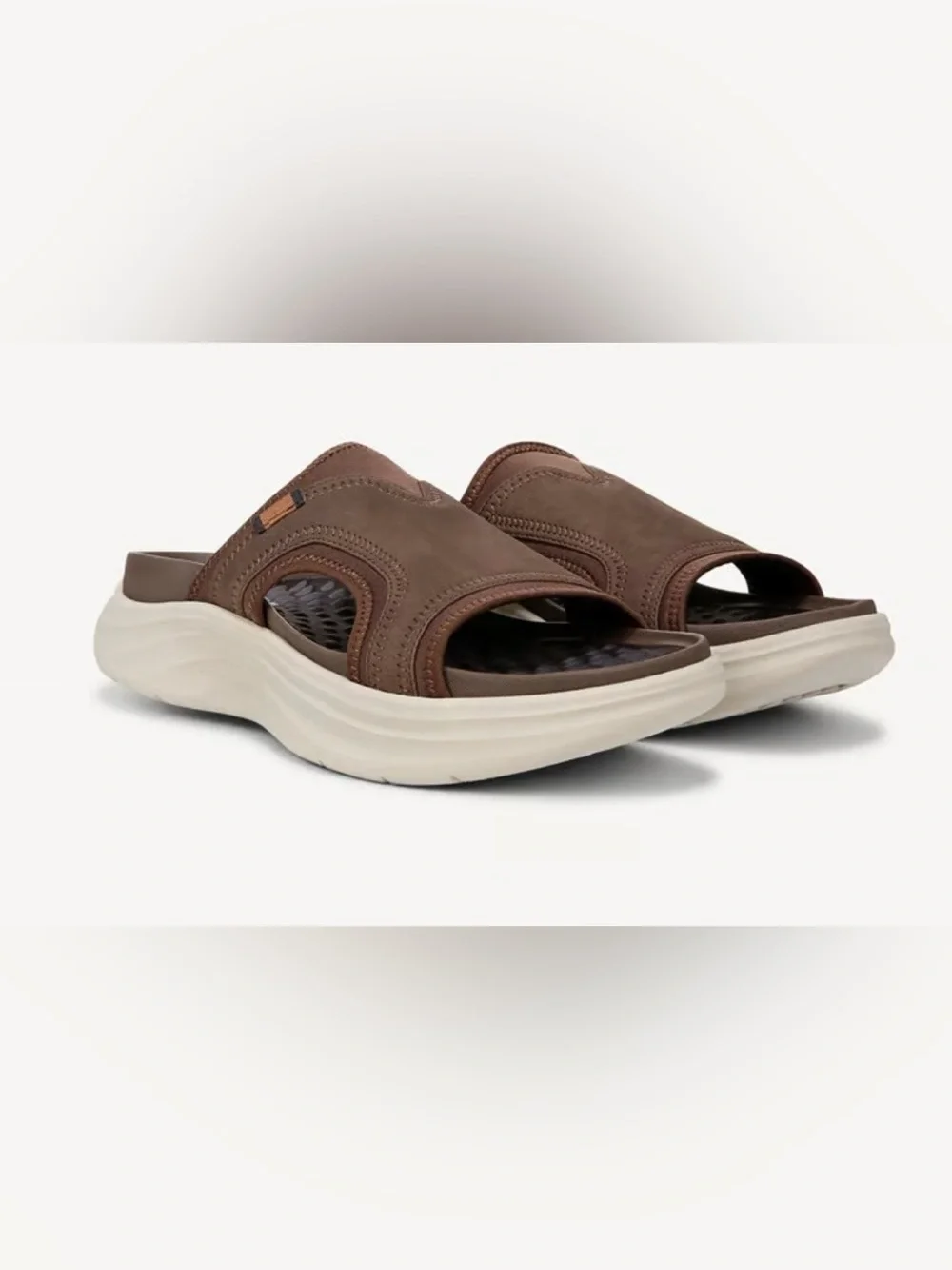 Brand New Mens…..Dr. Scholl's Brown Leather Slide Sandals with Cream Sole